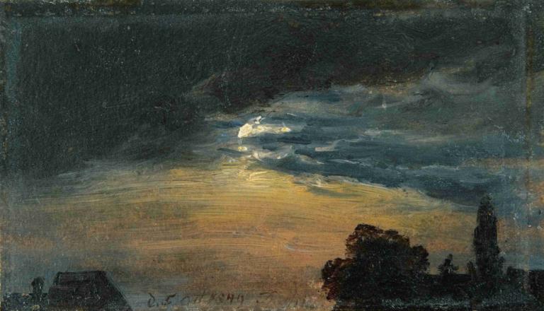 Clouds In Moonlight,Mraky V Měsíčním Světle,J.C. Dahl,Olejomalba,Olejomalba, nebe, mrak, scenérie, strom