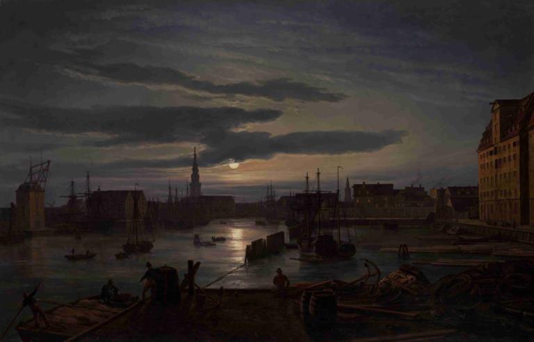 Copenhagen Harbor by Moonlight,Københavnsko pristanišče v mesečini,J.C. Dahl,Oljna slika,Oljna slika, luna