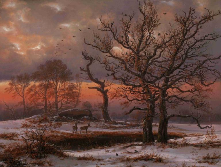 Danish Winter Landscape with Dolmen,J.C. Dahl,Oil Painting,Oil Painting, tree, scenery, bare tree, outdoors