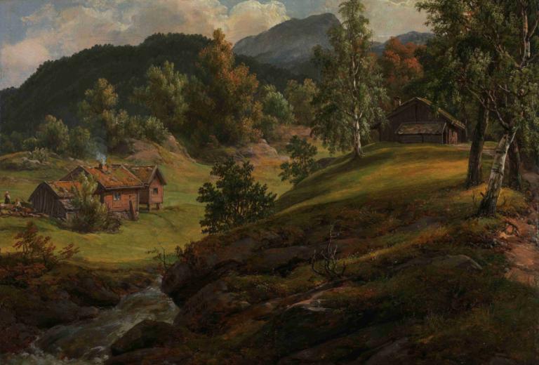 Farm at Lysekloster,J.C. Dahl,Oil Painting,Oil Painting, scenery, outdoors, no humans, tree, house, nature