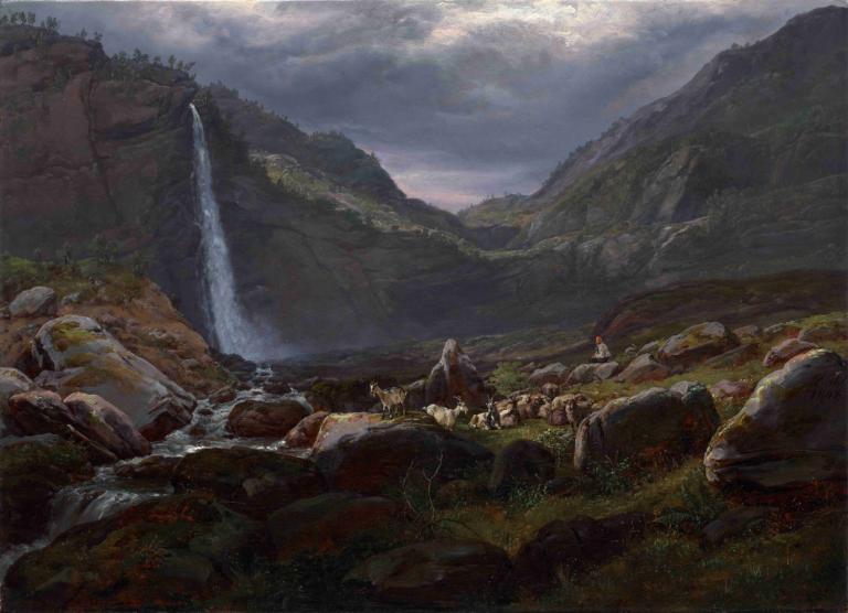 Feige Waterfall (Feigefossen), Lysterfjord, Norway,J.C. Dahl,Oil Painting,Oil Painting, scenery, outdoors