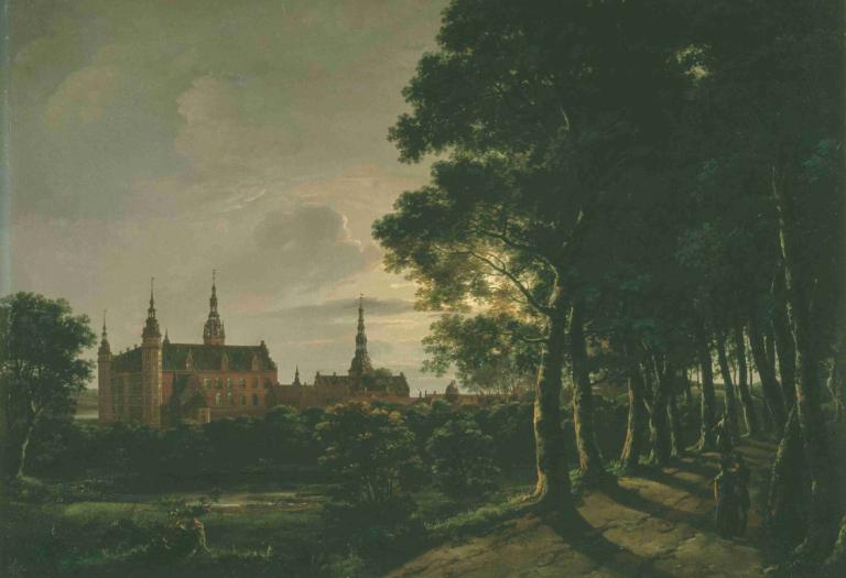 Frederiksborg Castle by Moonlight,J.C. Dahl,Oil Painting,Oil Painting, scenery, no humans, tree, outdoors