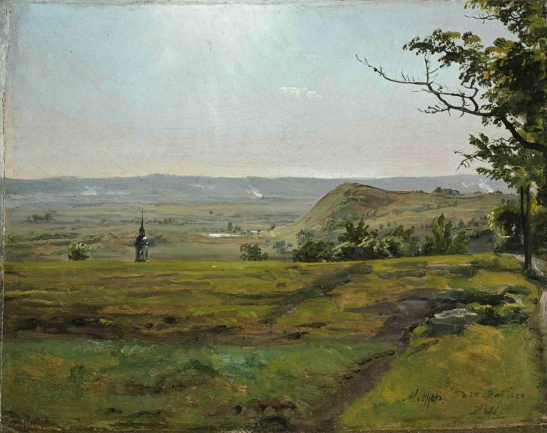 Green Fields near Meissen,Zelená pole u Míšně,J.C. Dahl,Olejomalba,Olejomalba, scenérie, venku, strom