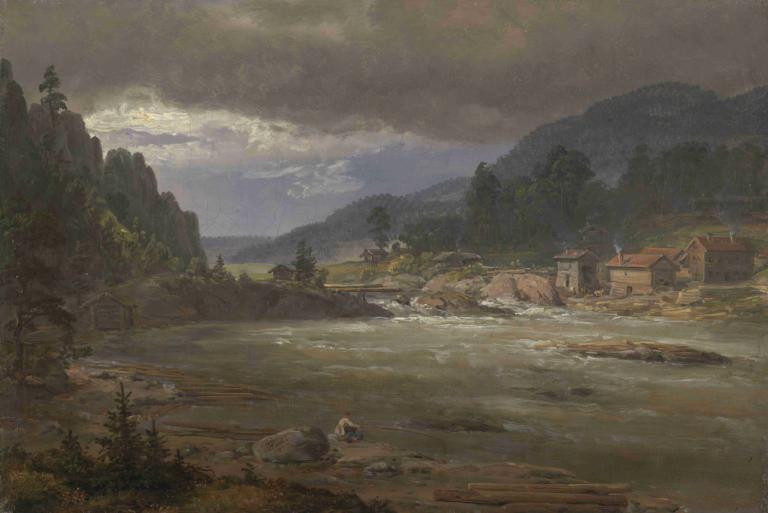 Hellefossen near Hokksund,Hellefossen poblíž Hokksundu,J.C. Dahl,Olejomalba,Olejomalba, scenérie, venku, mrak