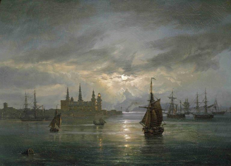 Kronborg Castle in Moonlight,月光下的克伦堡城堡,J.C. Dahl,J.C. 达尔,油画,油画, 船只, 云, 风景, 船, 天空, 船, 水, 多云的天空, 户外, 月亮, 没有人类