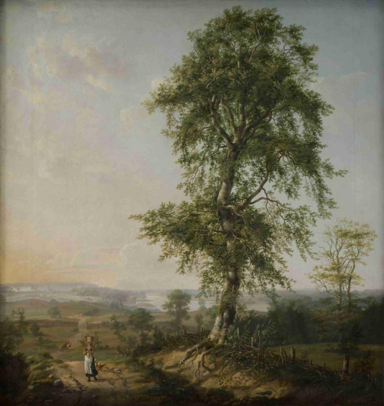 Landscape with a Big Tree,大树景观,J.C. Dahl,J.C. 达尔,油画,油画, 树, 户外, 1个女孩, 风景, 草, 独奏, 常设, 天空