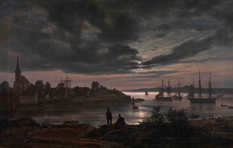 Larvik by Moonlight,Larvik bij maanlicht,J.C. Dahl,Olieverf,Olieverf, landschap, wolk, lucht, buitenshuis