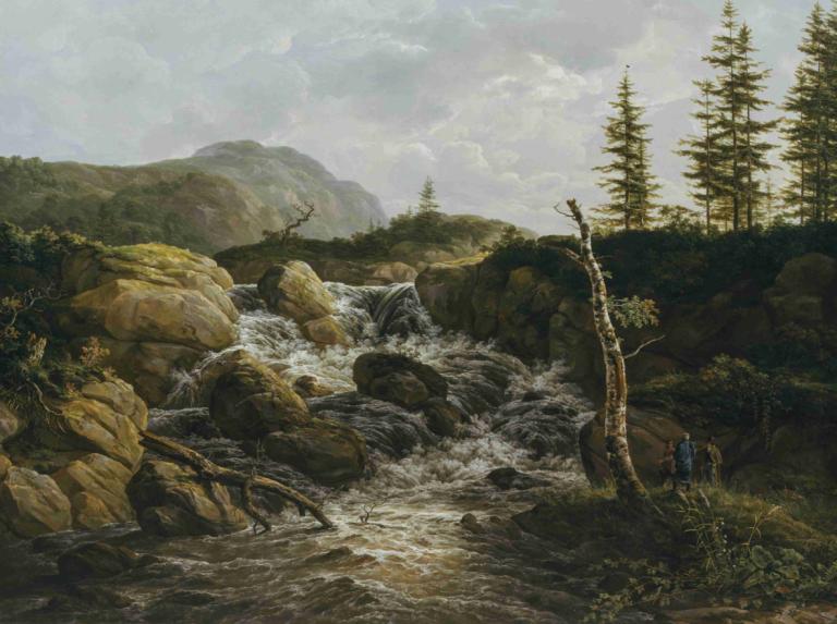 Mountainous Landscape with a Waterfall, Norway,有瀑布的山地景观，挪威,J.C. Dahl,J.C. 达尔,油画,油画, 风景, 户外, 树, 云, 水, 自然, 天空