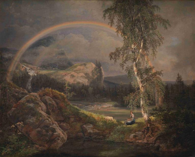 Norwegian Landscape with a Rainbow,Norská krajina s duhou,J.C. Dahl,Olejomalba,Olejomalba, scenérie, strom