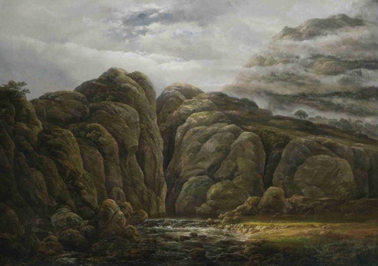 Norwegian Mountain Landscape,挪威山区景观,J.C. Dahl,J.C. 达尔,油画,油画, 风景, 没有人类, 云, 户外, 多云的天空, 天空, 岩石, 景观, 传统媒体, 自然, 树