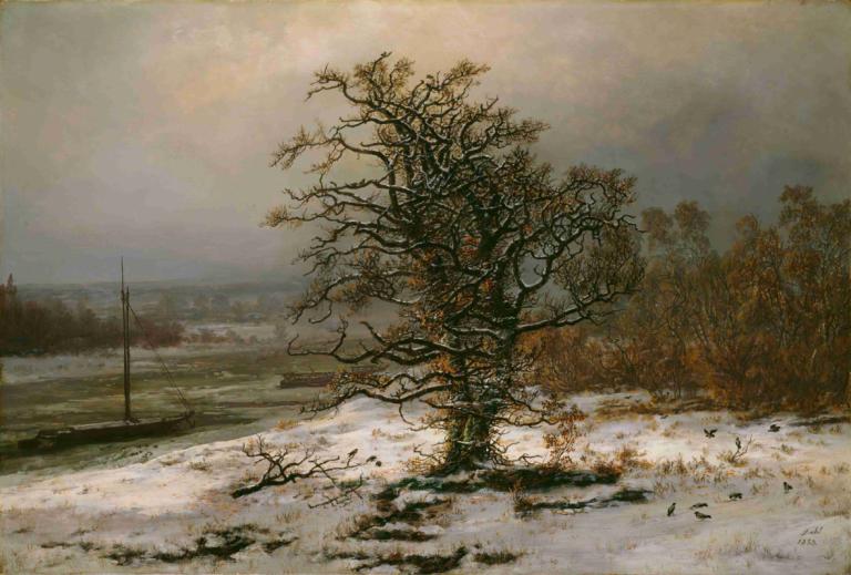 Oak Tree by the Elbe in Winter,J.C. Dahl,Oil Painting,Oil Painting, no humans, scenery, outdoors, tree