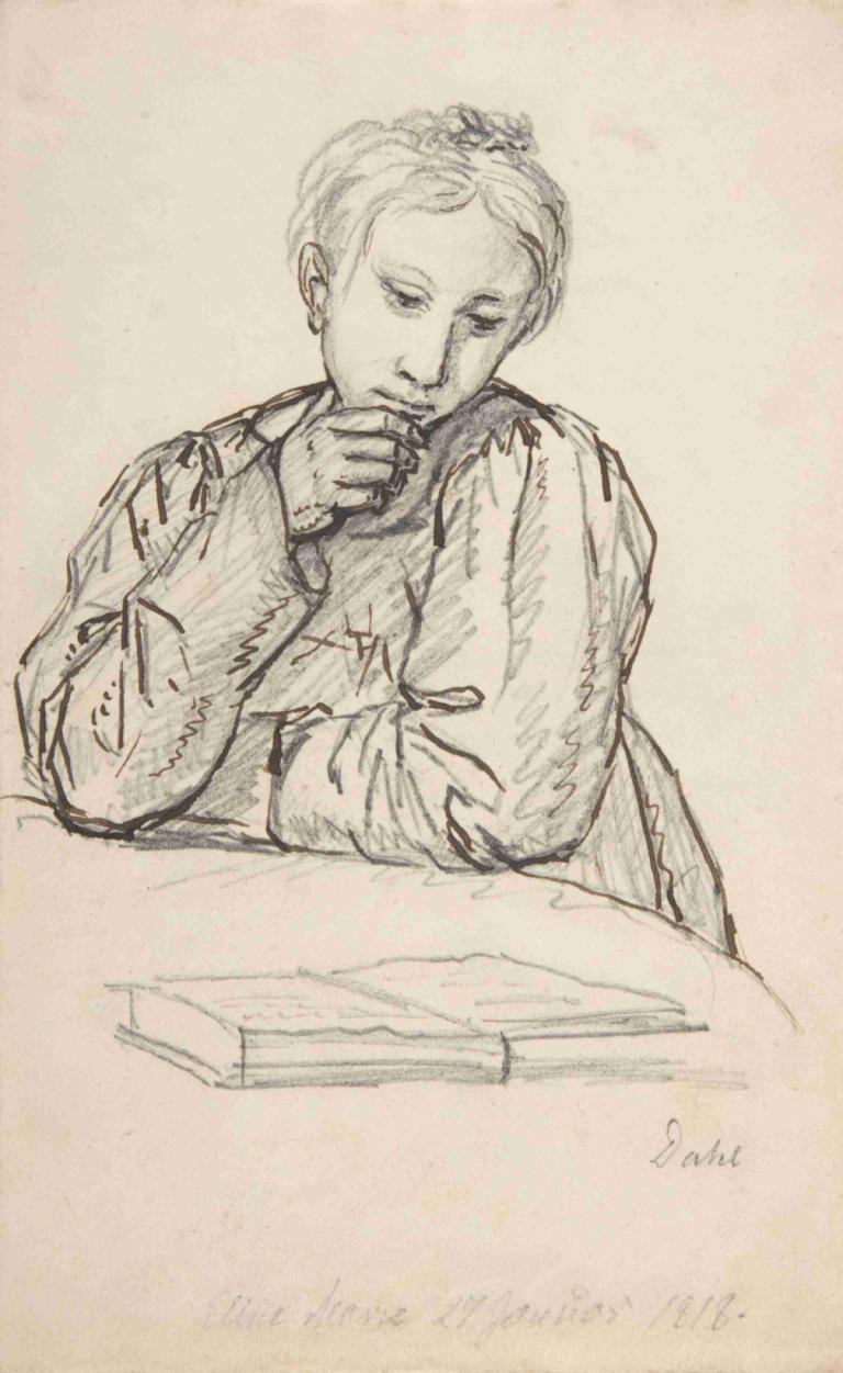 Portrait of Eline Marie Heger as a Child, Leaning on a Table, Looking at a Book,J.C. Dahl,Sketch,Sketch, solo