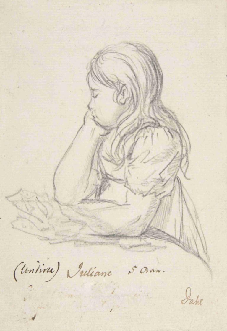 Portrait of Juliane Sophie Heger as a Child, leaning on a Table,J.C. Dahl,Sketch,Sketch, 1girl, solo