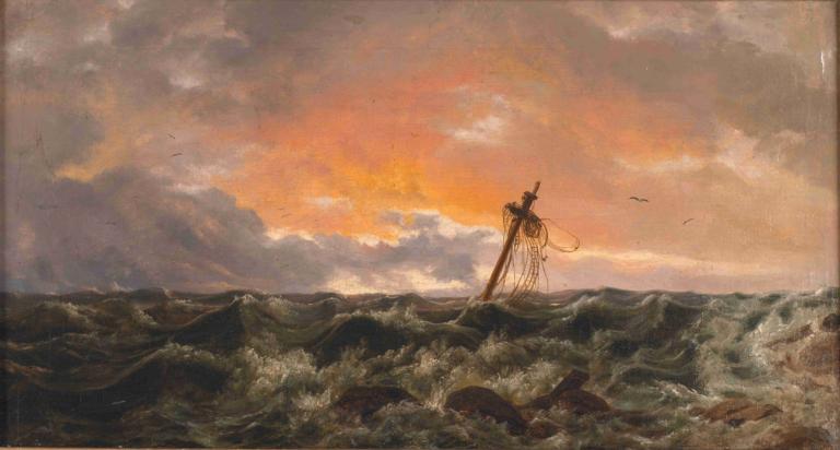 Seascape with a Wreck,J.C. Dahl,Oil Painting,Oil Painting, scenery, cloud, sword, outdoors, weapon, bird, sky