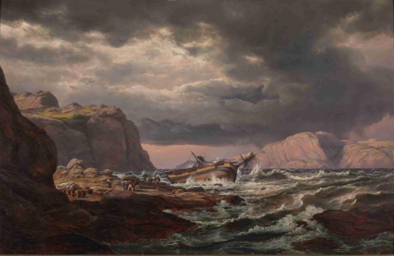 Shipwreck on the Coast of Norway,J.C. Dahl,Oil Painting,Oil Painting, cloud, no humans, scenery, watercraft