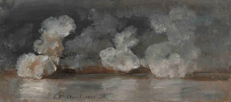 Smoke from Cannon Shots,J.C. Dahl,Oil Painting,Oil Painting, solo, no humans, dated, from side