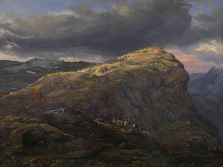 Stugunøset at Filefjell,J.C. Dahl,Oil Painting,Oil Painting, scenery, cloud, outdoors, sky, cloudy sky