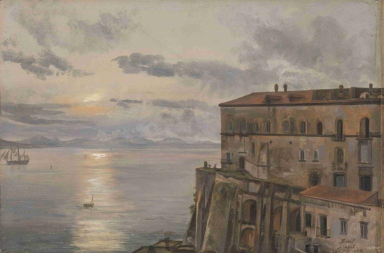 The Barracks at Pizzofalcone, Naples,那不勒斯皮佐法尔科内兵营,J.C. Dahl,J.C. 达尔,油画,油画, 风景, 没有人类, 船只, 云, 船, 天空, 户外, 海洋, 水