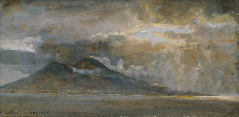 The Bay of Naples with Vesuvius,J.C. Dahl,Oil Painting,Oil Painting, scenery, cloud, outdoors, no humans, sky