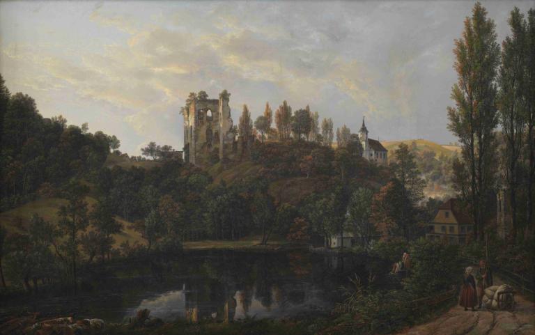 The Castle Ruin at Tharandt,J.C. Dahl,Oil Painting,Oil Painting, scenery, tree, outdoors, cloud, sky, nature