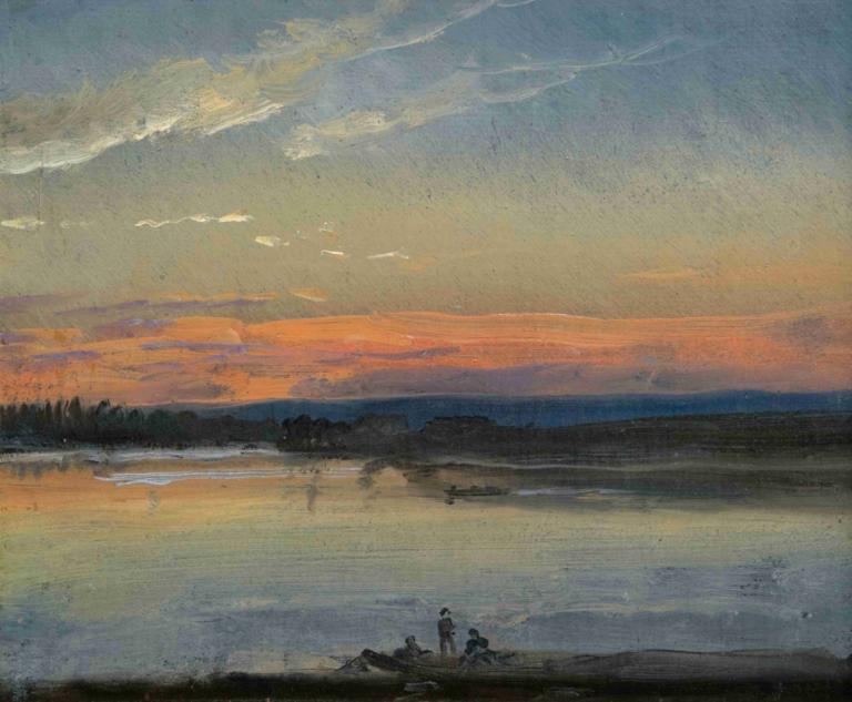 The Elbe In Evening Light,傍晚的易北河,J.C. Dahl,J.C. 达尔,油画,油画, 风景, 户外, 传统媒体, 天空, 云, 绘画（中）, 日落, 水, 树, 多云的天空, 地面车辆