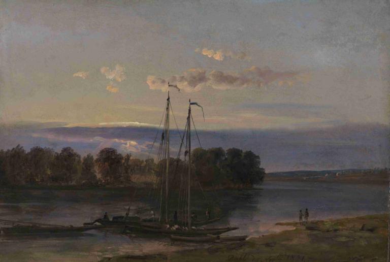 The Elbe at Sunset,日落时分的易北河,J.C. Dahl,J.C. 达尔,油画,油画, 风景, 户外, 云, 天空, 树, 水, 船只, 多云的天空, 没有人类, 船, 自然