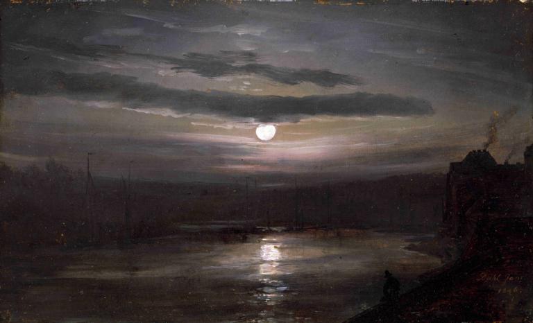 The Elbe in Moonlight,月光下的易北河,J.C. Dahl,J.C. 达尔,油画,油画, 月亮, 风景, 云, 天空, 满月, 夜晚, 户外, 多云的天空, 水, 夜空