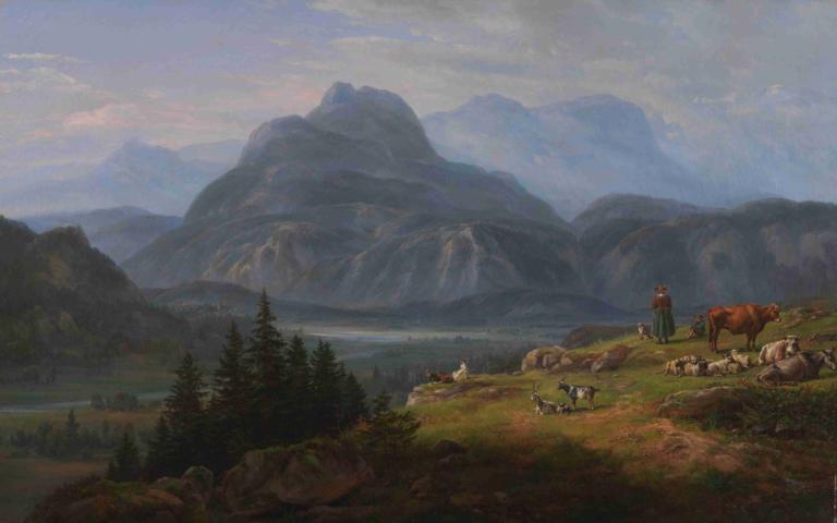 The Etsch Valley near Roveredo,罗韦雷多附近的埃奇山谷,J.C. Dahl,J.C. 达尔,油画,油画, 风景, 户外, 树, 自然, 山, 景观, 森林, 没有人类, 天空, 云, 草