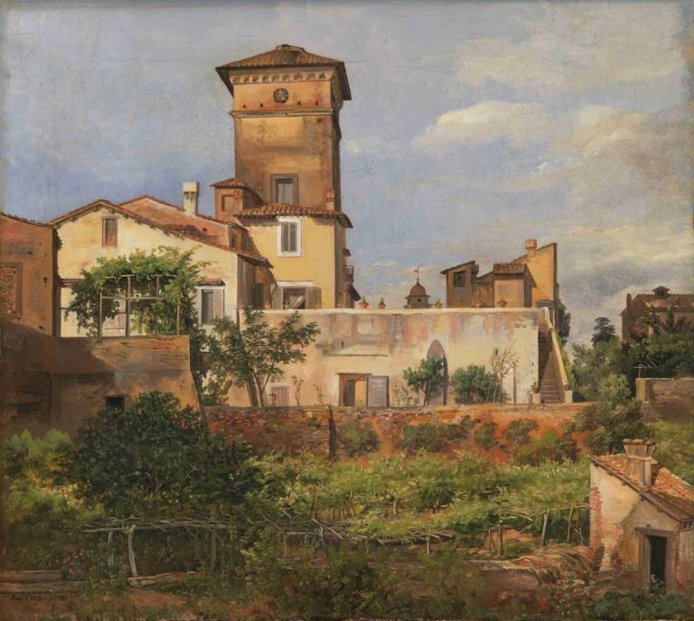 The Villa Malta, Rome,罗马马耳他别墅,J.C. Dahl,J.C. 达尔,油画,油画, 没有人类, 风景, 户外, 树, 天空, 云, 房子, 建筑, 天, 传统媒体, 草, 窗户, 栅栏, 烟囱