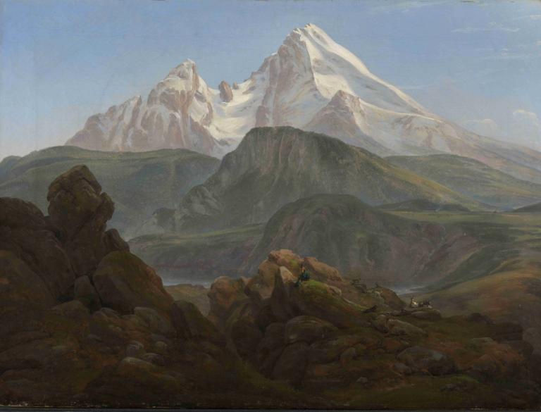 The Watzmann,J.C. Dahl,Oil Painting,Oil Painting, scenery, outdoors, mountain, day, sky, no humans, landscape