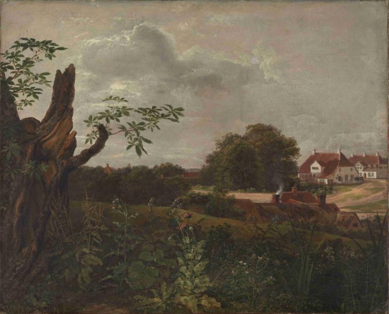 The big Inn at Fredensborg,J.C. Dahl,Oil Painting,Oil Painting, scenery, no humans, tree, outdoors, cloud