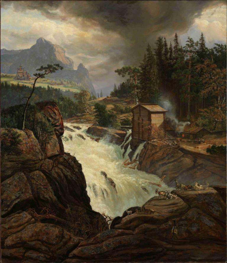 The upper Falls of the Labrofoss,J.C. Dahl,Oil Painting,Oil Painting, scenery, tree, nature, cloud, outdoors