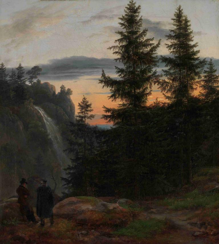 Two Men before a Waterfall at Sunset,J.C. Dahl,Oil Painting,Oil Painting, tree, outdoors, nature, scenery