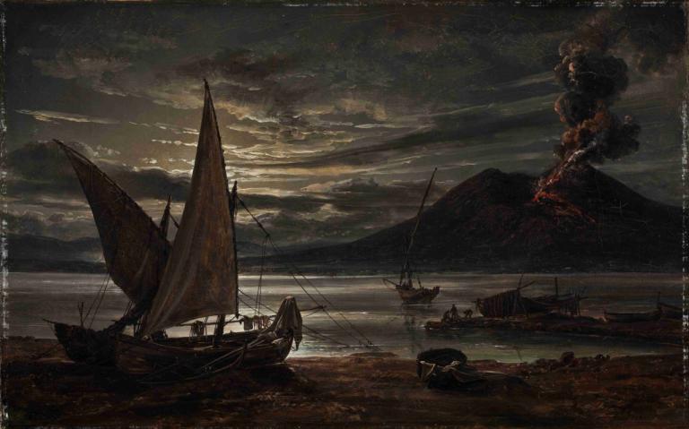 Vesuvius In Eruption. Moonlight,Vesuv bei Eruption. Mondlicht,J.C. Dahl,Ölgemälde,Ölgemälde, Wasserfahrzeug