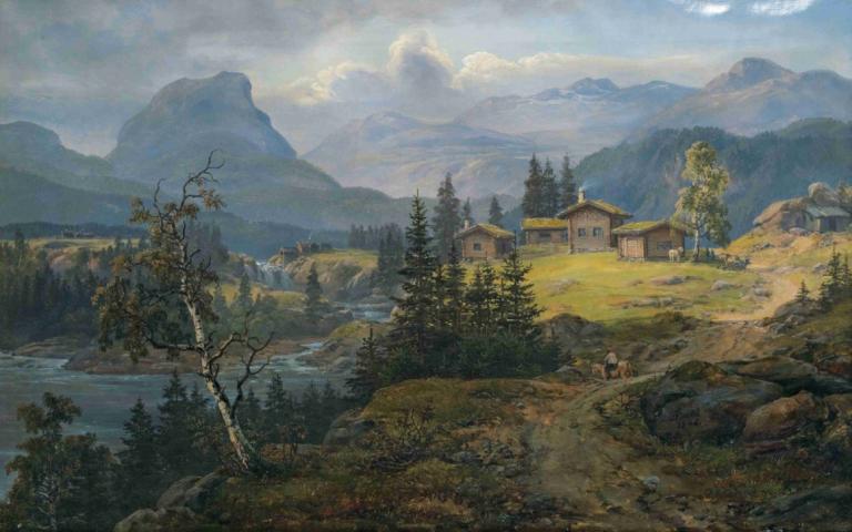 View Of Øylo Farm, Valdres,J.C. Dahl,Oil Painting,Oil Painting, scenery, no humans, outdoors, tree, cloud