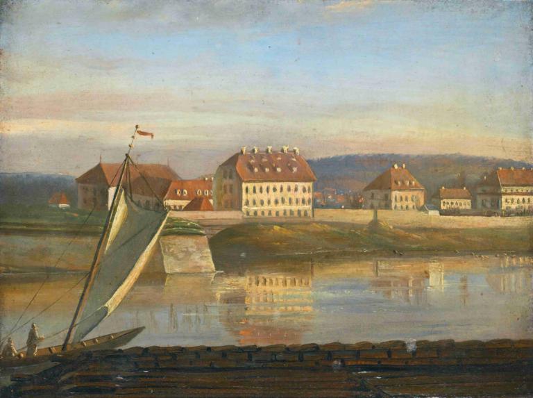 View Over The Elbe And The Barracks,J.C. Dahl,Oil Painting,Oil Painting, watercraft, boat, scenery, outdoors