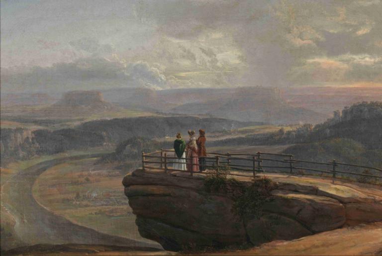 View from Bastei,J.C. Dahl,Oil Painting,Oil Painting, outdoors, cloud, scenery, sky, 1girl, 1boy, cloudy sky