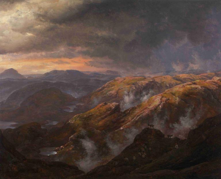 View from Lyshornet,Vista desde Lyshornet,J.C. Dahl,Pintura al óleo,Pintura al óleo, escenario, nube