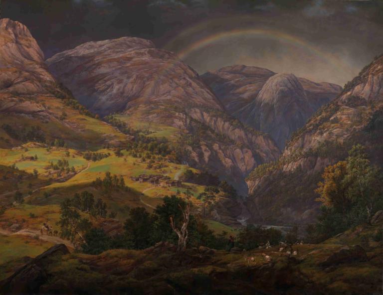 View from Stalheim,J.C. Dahl,Oil Painting,Oil Painting, scenery, rainbow, tree, outdoors, no humans, mountain