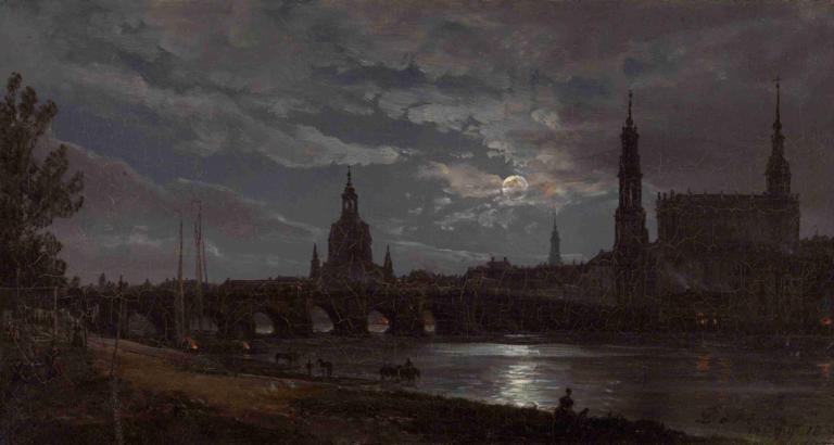 View of Dresden by Moonlight,J.C. Dahl,Oil Painting,Oil Painting, scenery, moon, cloud, sky, outdoors