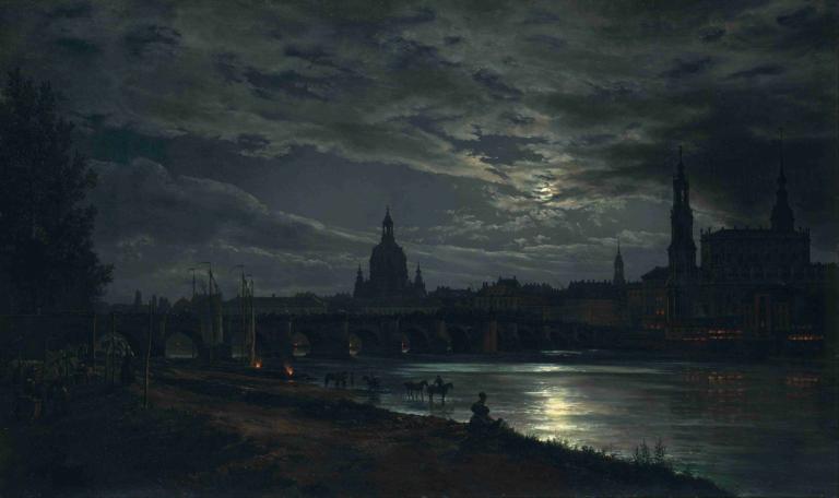 View of Dresden by Moonlight,J.C. Dahl,Oil Painting,Oil Painting, scenery, cloud, moon, sky, night