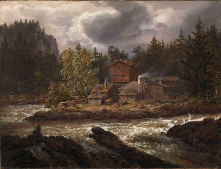 View of Hønefossen,Θέα του Hønefossen,J.C. Dahl,Ελαιογραφία,Ελαιογραφία, τοπίο, δέντρο, σε εξωτερικό χώρο