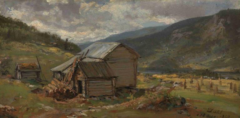 View of Hjelle in Valdres,J.C. Dahl,Oil Painting,Oil Painting, outdoors, scenery, no humans, cloud, grass