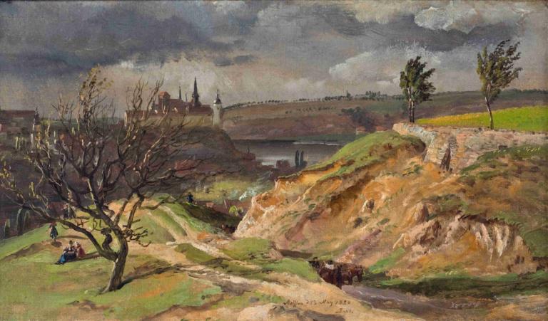 View of Meissen.Study,J.C. Dahl,Oil Painting,Oil Painting, scenery, tree, outdoors, cloud, sky, no humans