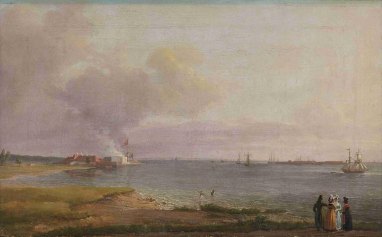 View over Øresund near the Lime Works,J.C. Dahl,Oil Painting,Oil Painting, outdoors, scenery, cloud