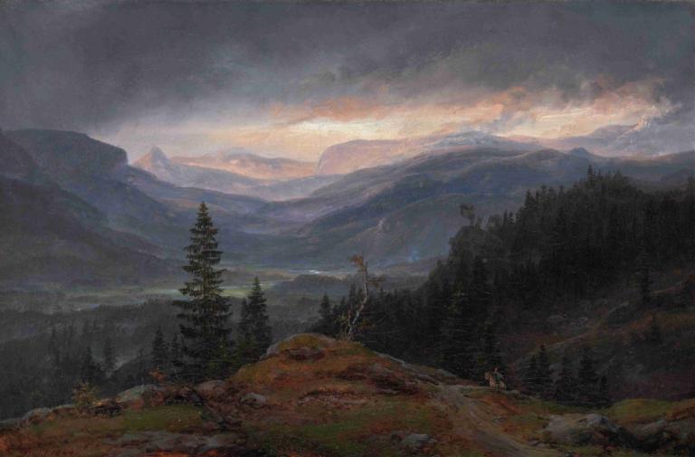 View over Hallingdal,J.C. Dahl,Oil Painting,Oil Painting, scenery, tree, outdoors, nature, mountain, forest