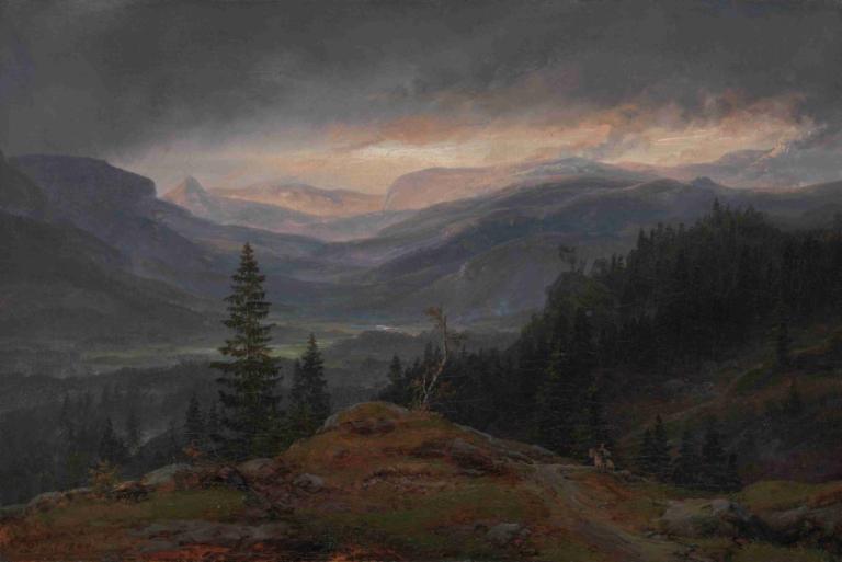 View over Hallingdal,J.C. Dahl,Oil Painting,Oil Painting, scenery, tree, outdoors, nature, cloud, no humans