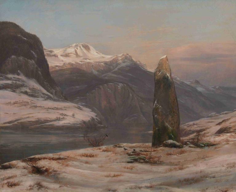 Winter at the Sognefjord,J.C. Dahl,Oil Painting,Oil Painting, outdoors, scenery, no humans, desert, sky