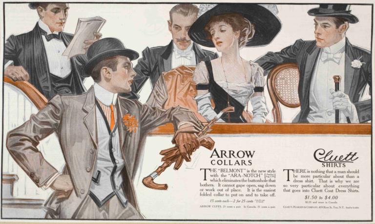 Arrow collars, Cluett shirts,J.C. Leyendecker,Illustration,Illustration, hat, multiple boys, 1girl, bow