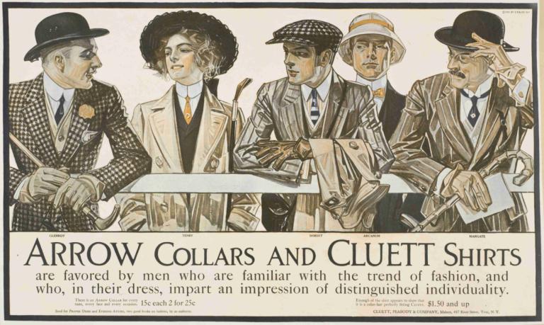 Arrow collars. Cluett shirts,J.C. Leyendecker,Illustration,Illustration, hat, multiple boys, necktie, formal